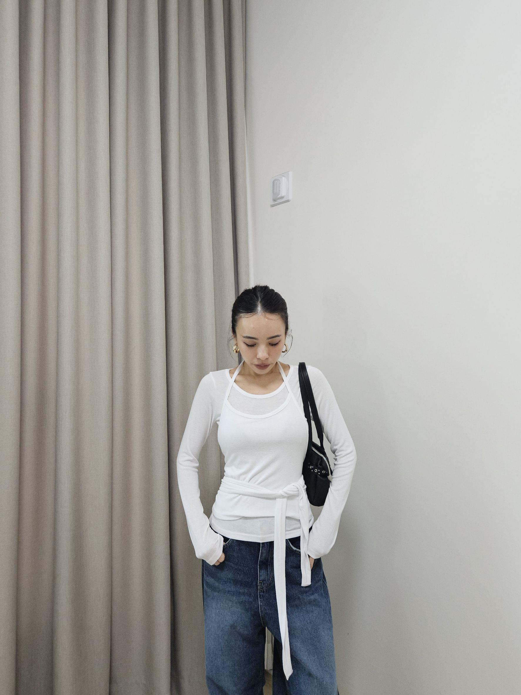 後綁帶掛脖背心+上衣兩件組
